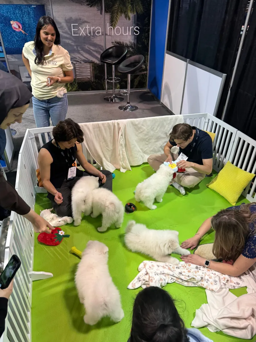 Guest enjoying time with a puppy at the activation